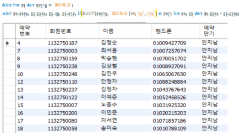 예약만기일이 지난 예약 일괄 삭제