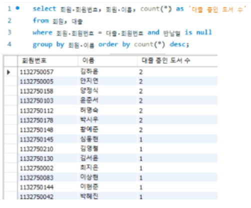 회원별 대출 중인 도서 수 통계