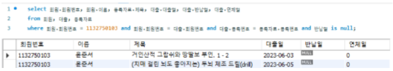 회원의 대출중인 도서 조회