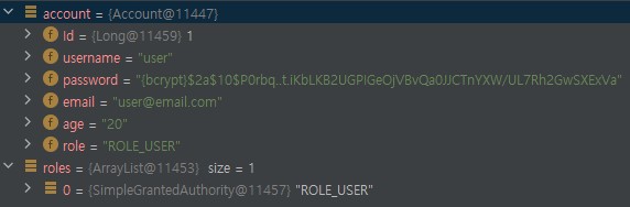 로그인시 저장된 Account와 유저 권한 정보