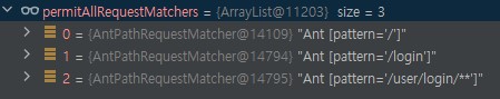 permitAllRequestMatcher에 정상적으로 저장되어 있음
