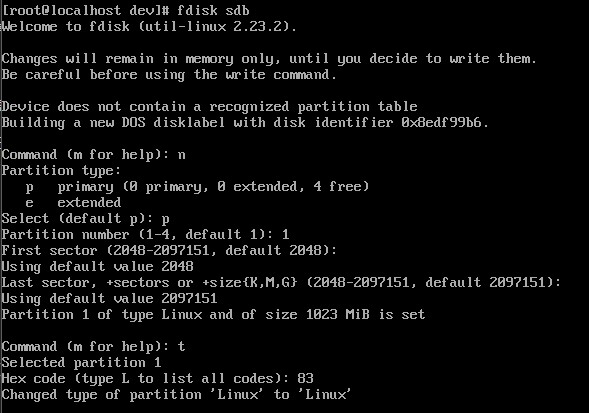 sdb의 주 파티션을 설정합니다