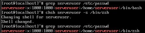 serveruser의 로그인 셸을 bash에서 zsh로 변경