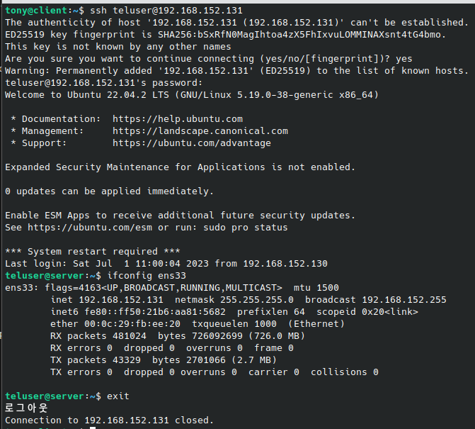 Client에서 SSH 서버에 접속한 모습